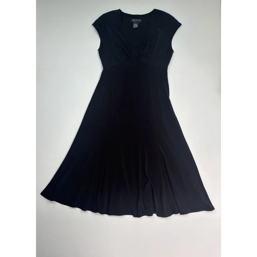Jones New York Black Jersey A-Line Midi Dress V-Neck Cap‎ Sleeve Size 8